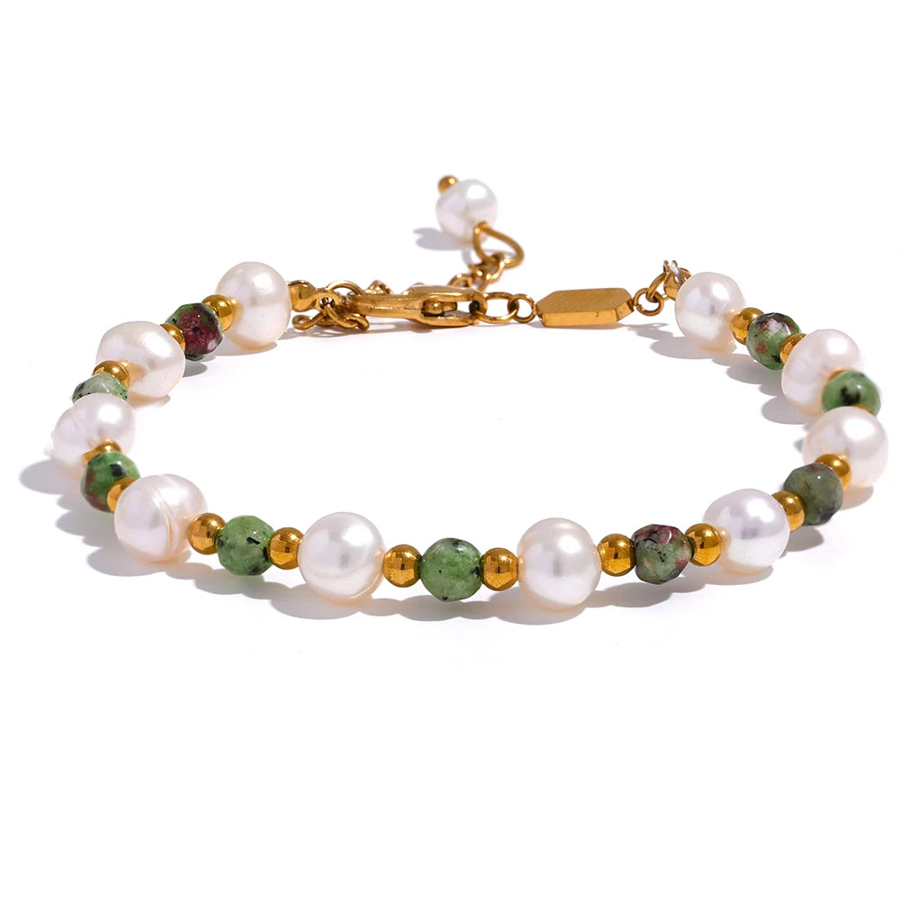 Pulseira Perola e Pedras Naturais em Ouro 18k