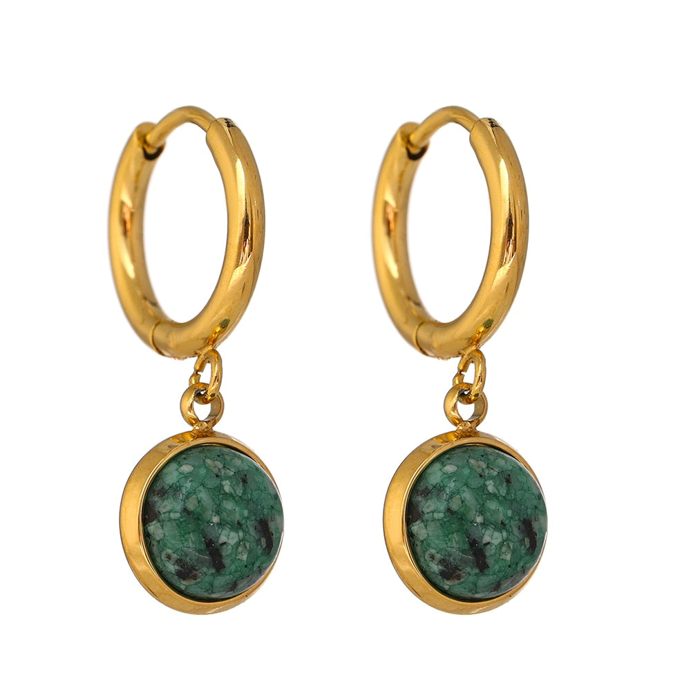 Brinco Argola Pendente Pedra Natural Verde em Ouro