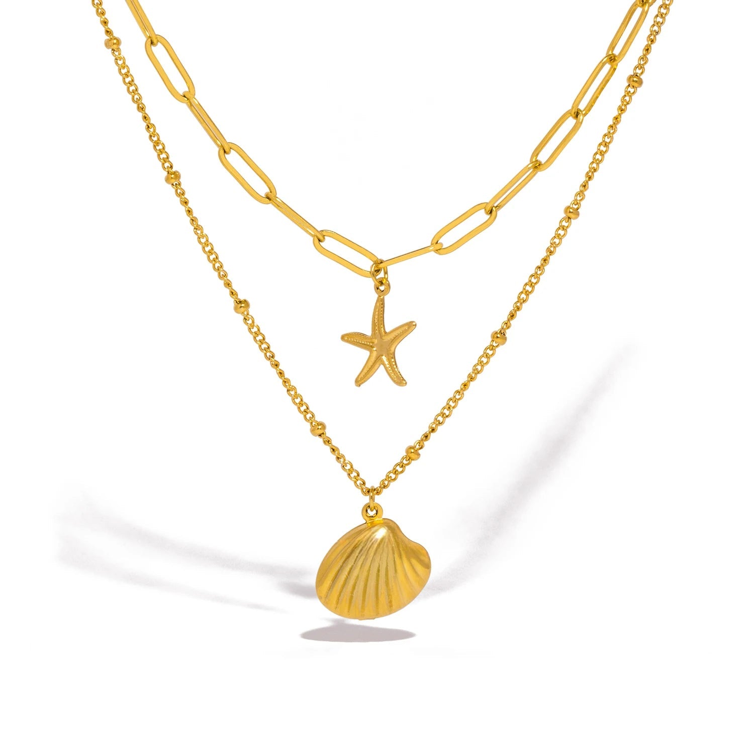 Colar Banhado Em Ouro 18k Duplo Conha e Estrela 