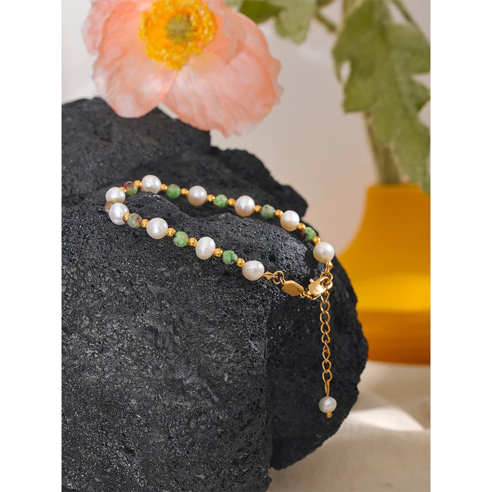 Pulseira Perola e Pedras Naturais em Ouro 18k