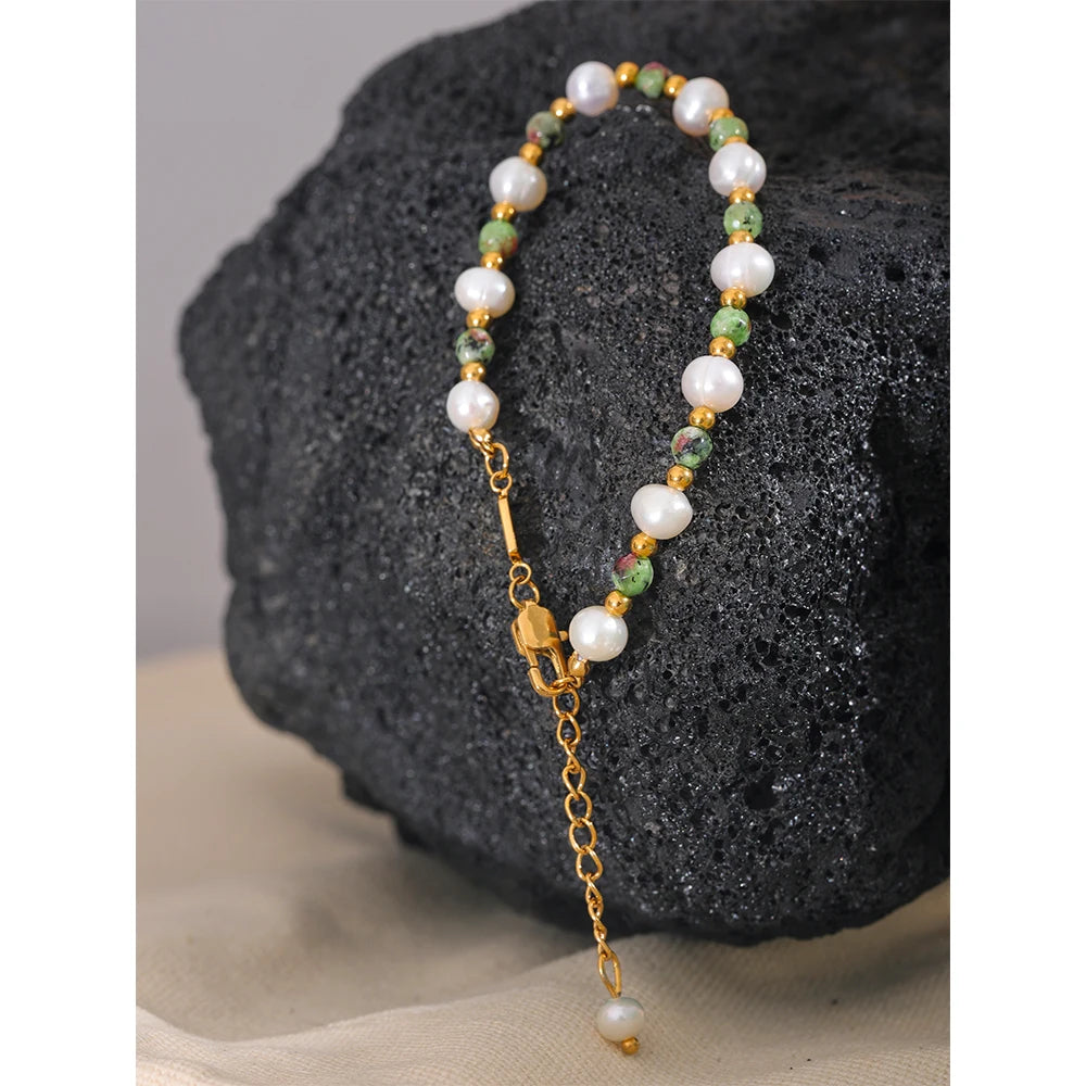 Pulseira Perola e Pedras Naturais em Ouro 18k